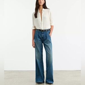 Nili Lotan Flora Trouser Denim Jeans In Classic Wash Pleated Front Wide Leg 26